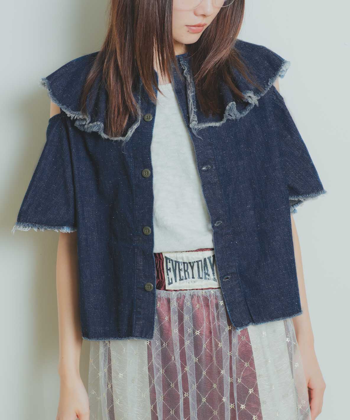 Work Denim Ruffled Blouse(LADIES)