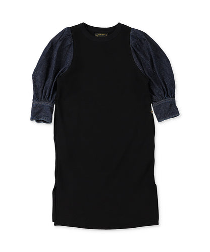 Vintage Fleece Denim Balloon-sleeve Sweat Dress